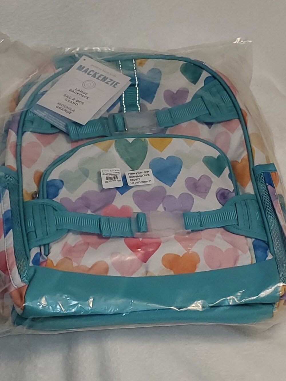 POTTERY BARN KIDS AQUA RAINBOW HEARTS LARGE MACKENZIE Backpack NWT! HTF! - Picture 12 of 12